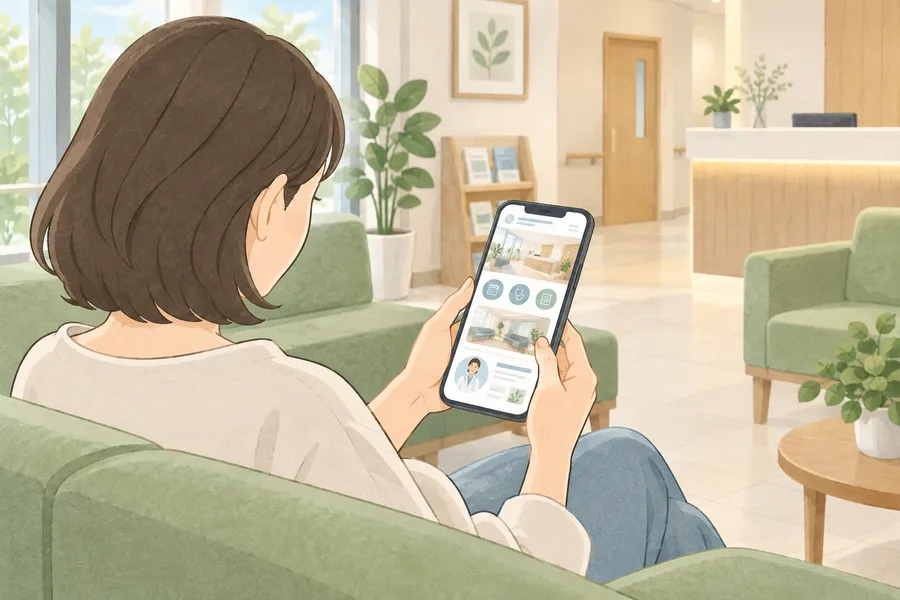 待合室でスマートフォンからクリニックのホームページを見ている患者さんのイラスト