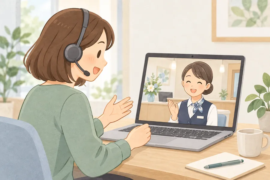担当者がクリニックの受付スタッフと画面越しに話しているイラスト